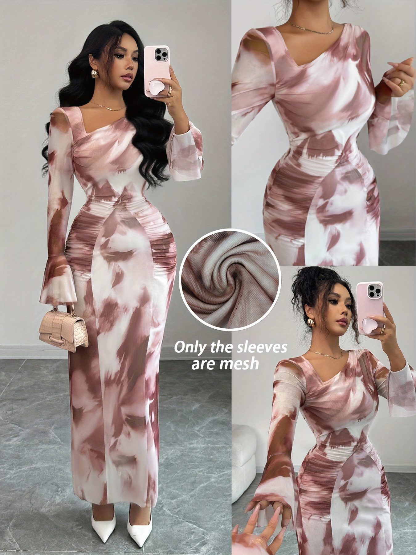 Elegant And Fashionable New Adult Women'S Autumn And Winter Floral Tie-Dye Print Notched Collar Long-Sleeved Flared Sleeve Slim Fit Waist Pleated Hip-Hugging Sexy Dating Commuting Vacation Dating Valentine'S Day Long Dress - Image 2