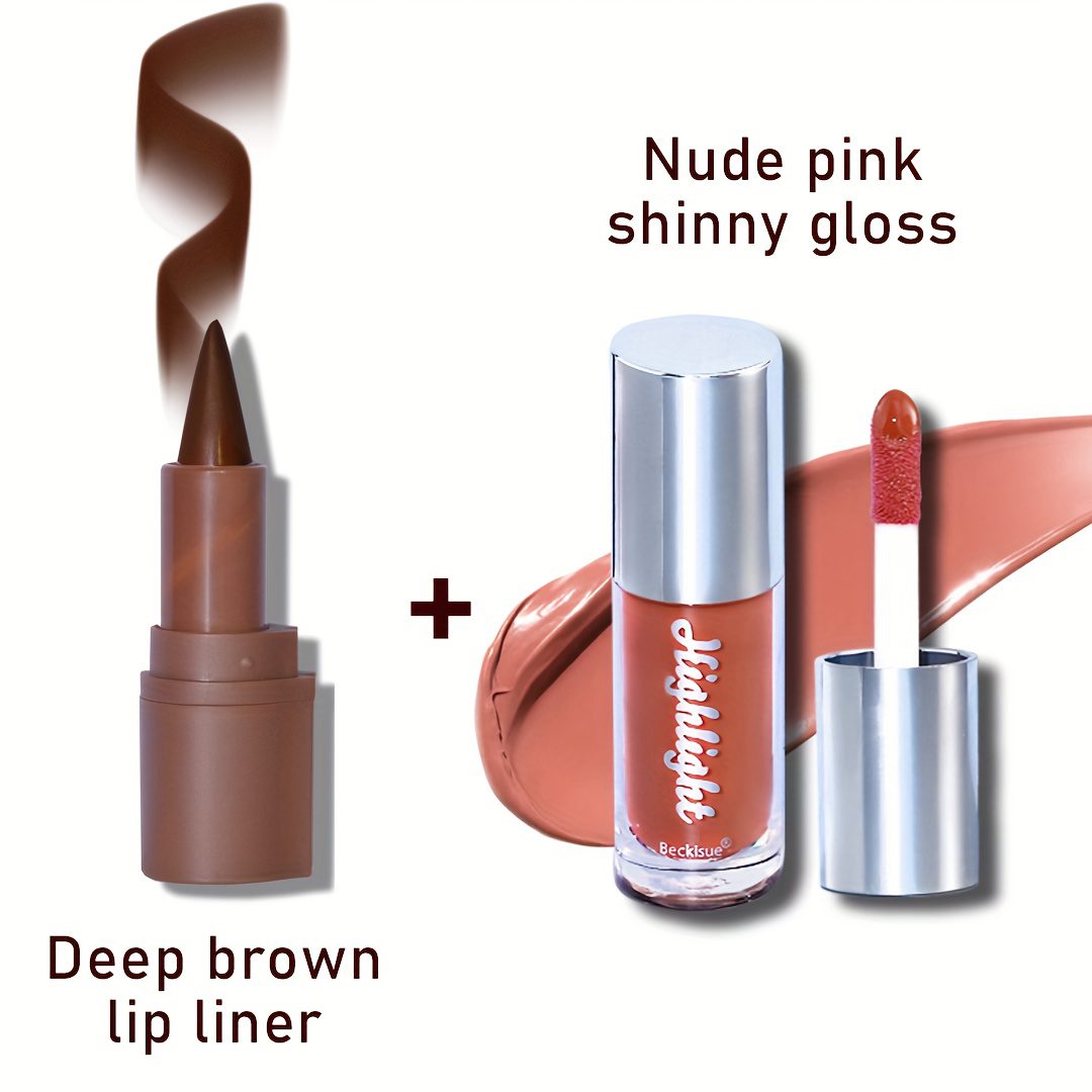 2pcs Natural Nude Lip Combo Set, Dark Brown Lip Liner with Glossy Nude Gloss, Shiny and Long Lasting - Image 2