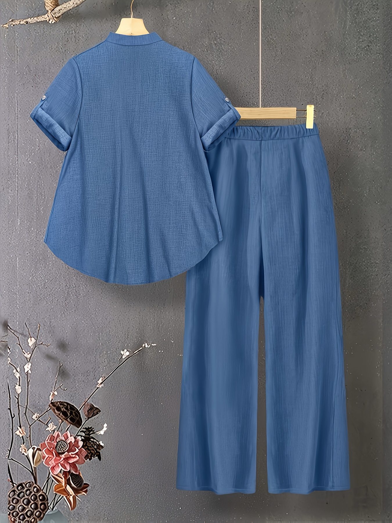 New V-neck Button-detail Short-sleeve Top with Elastic Waist and Side Slant Pockets Women's Set - Image 2