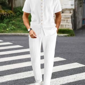Men's Spring/Summer New Textured Fabric Wave Stripe Trendy Casual Short Sleeve Top + Pants 2pcs Set