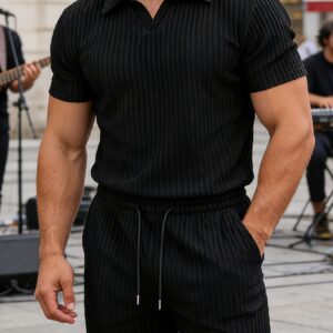 Men'S Textured Polo Collar Short Sleeve And Shorts Set | Breathable Elastic Comfort Top + Drawstring Waist Shorts, Versatile For Daily Commute, Running, And Casual Outings, Ideal For Spring/Summer/Fall