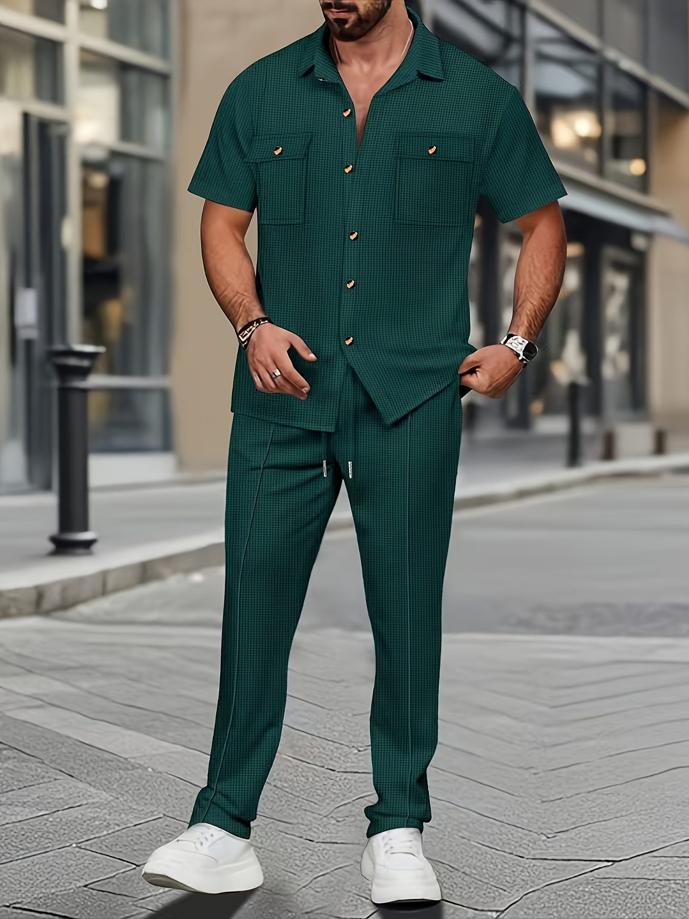 Men'S Casual Short Sleeve Shirt And Long Pants 2pcs Set Commuter Outfit, Textured Buttons And Pockets, Versatile Style - Image 2