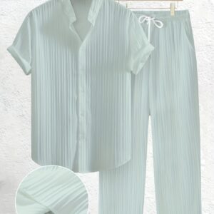 Summer Men's 2pcs Set, Casual Fashion Stand Collar Short Sleeve Shirt, Drawstring Long Pants for Beach Vacation