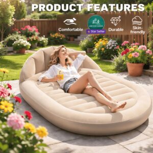 2-In-1 Inflatable Air Sofa Bed with Backrest, Portable Beige Air Mattress for Garden, Balcony, Beach & Camping, Strong Support Puncture Resistant Inflatable Travel Bed for Sunny Outdoor Lounge Bed 249.48KG Max