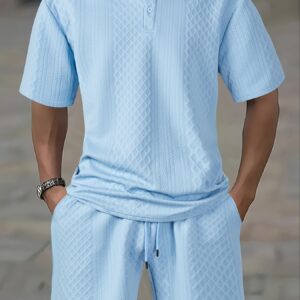 Men'S 2pcs Set: White Short Sleeve Button-Up Shirt & Drawstring Shorts - Breathable Jacquard Fabric, Loose Fit Casual Summer Outfit for Casual Attire, Everyday Clothing, Classic Collar Design, Comfortable Fit