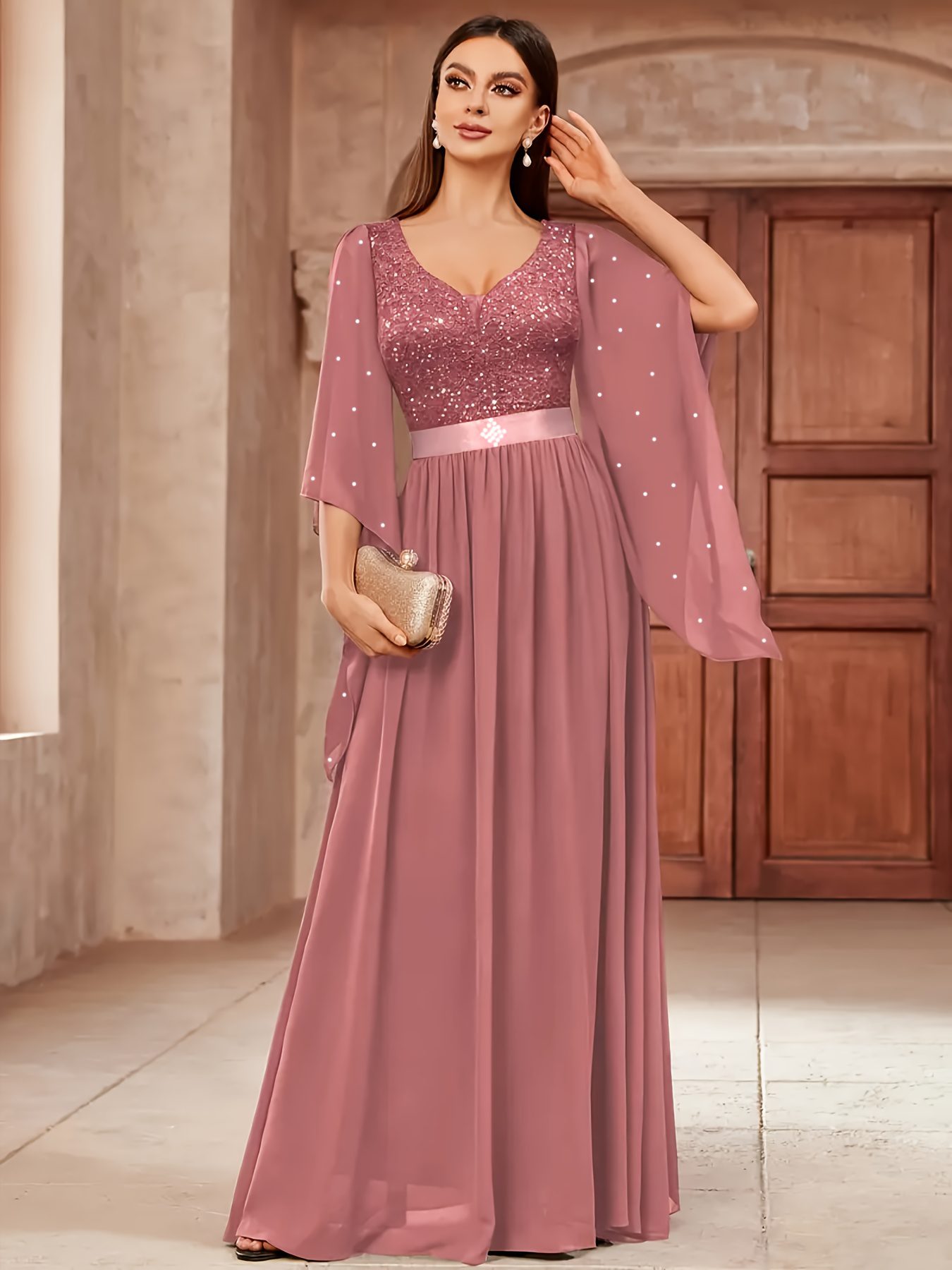Elegant Women's V-neck Lace-trimmed Chiffon Banquet Gown, Suitable for Parties, Dinners, and Weddings - Image 5