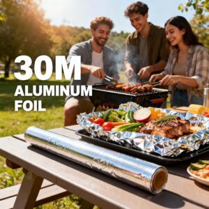 30 Meters Heavy-Duty Non-Stick Aluminum Foil - Suitable for Grill, Oven, Baking, and Kitchen Storage, Safe and Easy to Use