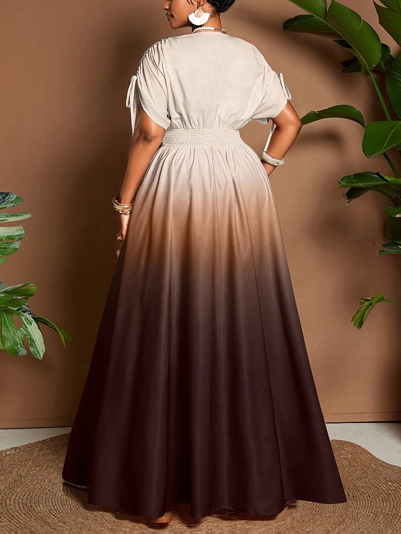 LL168 Women's Elegant Romantic Gradient Print Bow V-Neck A-Line Maxi Dress - Image 10