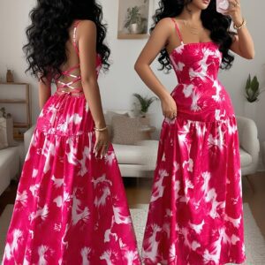 This Elegant Floral Print Dress Features a Backless Design with a Tie And a Ruffled Hem, Perfect for Dates, Parties, Gatherings, Or Beach Vacations