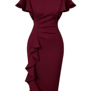 Women'S Solid Color Ruched Sleeve Pleated Bodycon Vintage Midi Pencil Skirt
