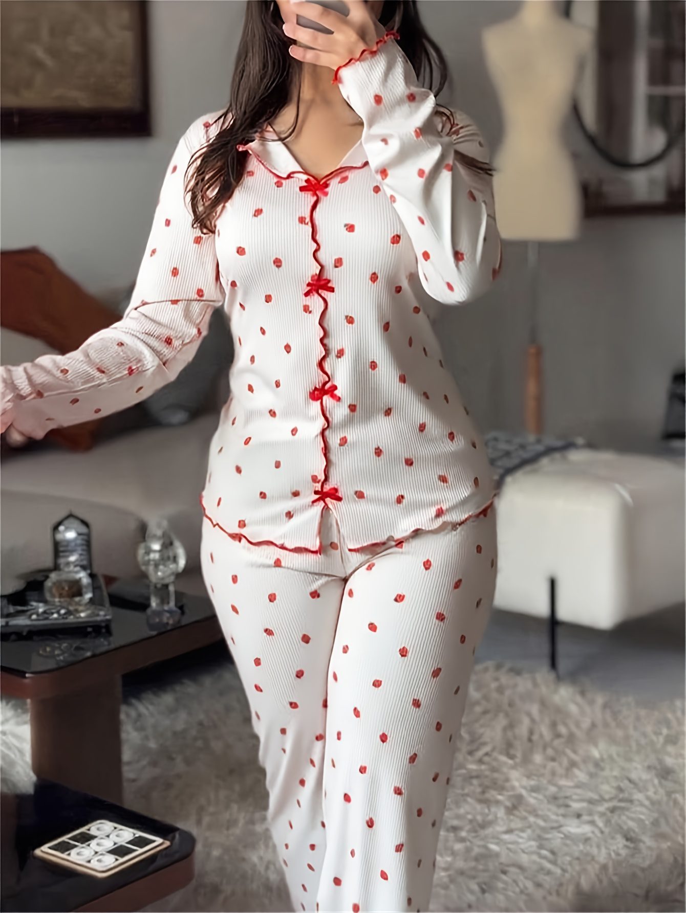 2pcs Strawberry Print Bow-Decorated Lapel V-Neck Ruffled Top and Elastic Waist Pants Casual Ribbed Pajama Set - Image 5