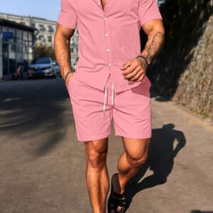 Men's Solid Color Short Sleeve Shirt And Plain Shorts Going Out Set