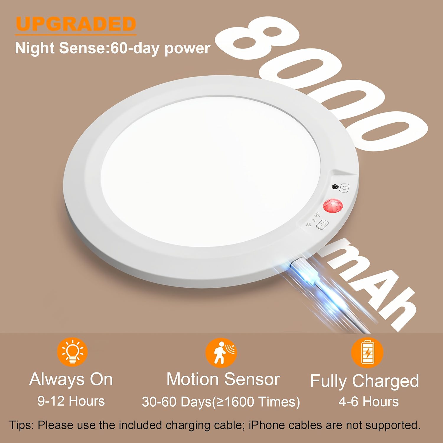 Smart Sensor Ceiling Light, with Remote Control, Timed Light Off, 3 Lighting Modes, 5 Color Temperature Adjustments for Light Brightness, 8000Mah Super Large Capacity Rechargeable, Magnetic Installation Without Drilling, USB Charging - Image 3