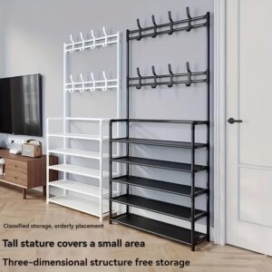 4-5 Tier Hallway Organizer with 8 Hooks - Space-Saving, Easy to Assemble, Durable Design for Entryways And Bedrooms, Minimalist Style - Black/White, Perfect for Entryway Storage, Freestanding Shoe Rack