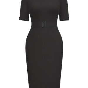 Elegant Women's High Neck Short Sleeve Tie-Waist Slim-Fit Midi Dress with Metal Button Accents at the Neckline, Suitable for Office Wear/Corporate Events/Business Occasions