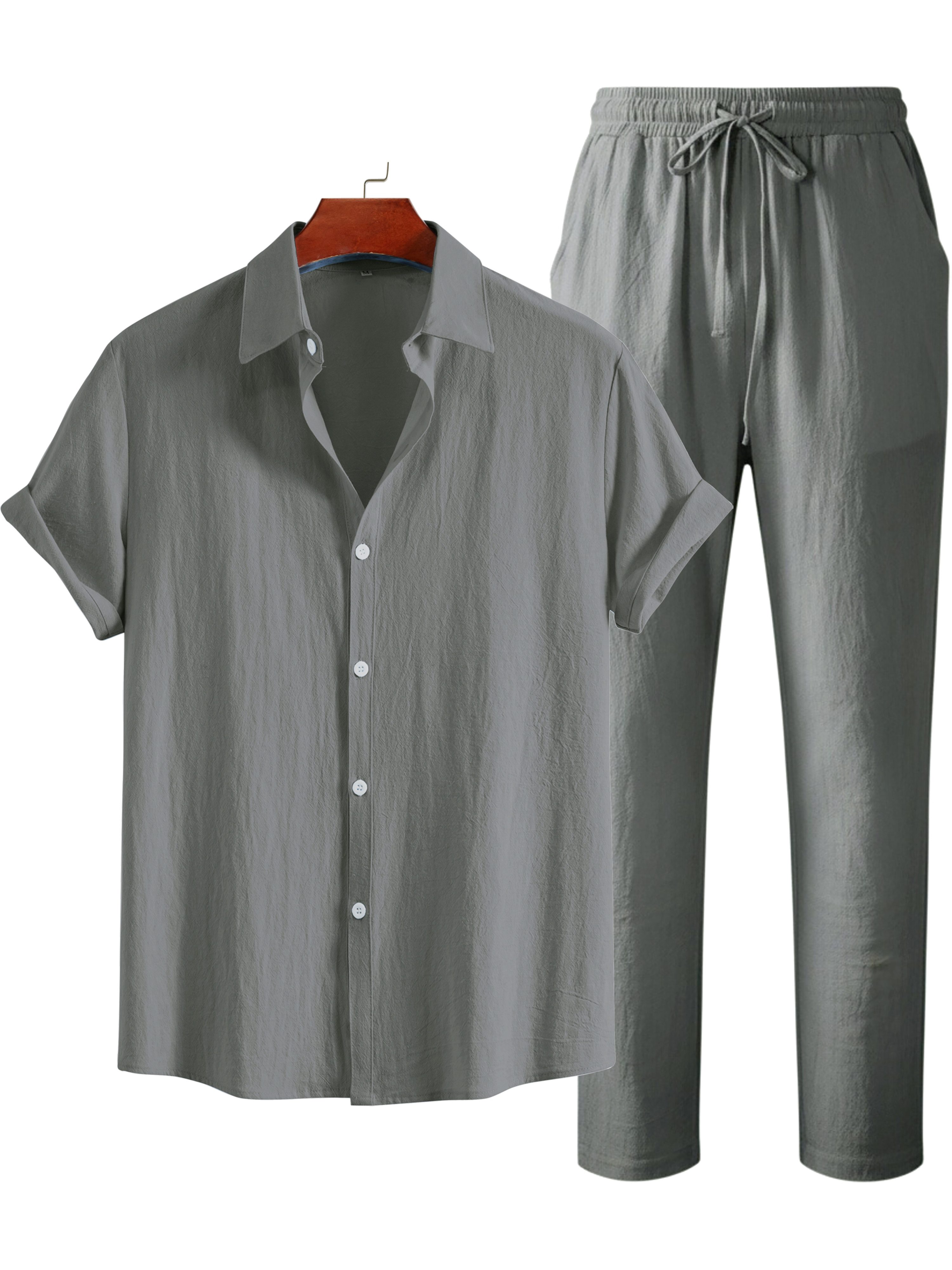 Men's Fashionable Solid Color Cotton- Shirt and Trousers Set, Casual Breathable 2pcs Outfit for Men - Image 7