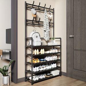 5-Tier Stainless Steel Coat Rack and Shoe Rack - Space-Saving Entryway Organizer with Hooks for Jackets, Hats, Bags, and Umbrellas - Easy to Assemble, Versatile Storage for Bedroom, Hallway, or Office, Accessory Rack | Stylish Modern Shelf | Durable