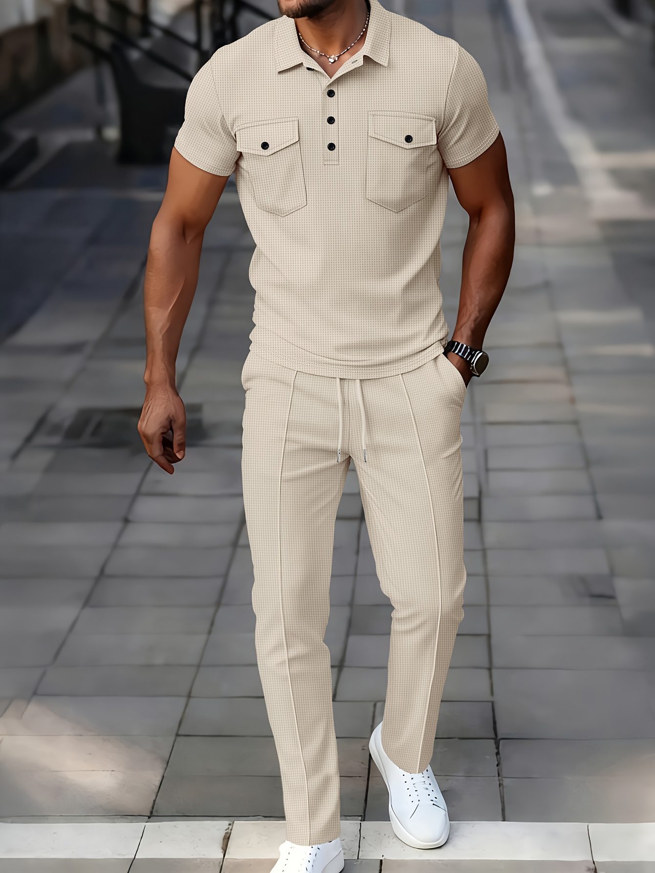 Men's 2pcs Set, Solid Color Minimalist Black Button-Up Short Sleeve Shirt with Two Pockets and Collar + Drawstring Waist Pants, Men's Spring/Summer Casual Vacation Daily Wear - Image 4