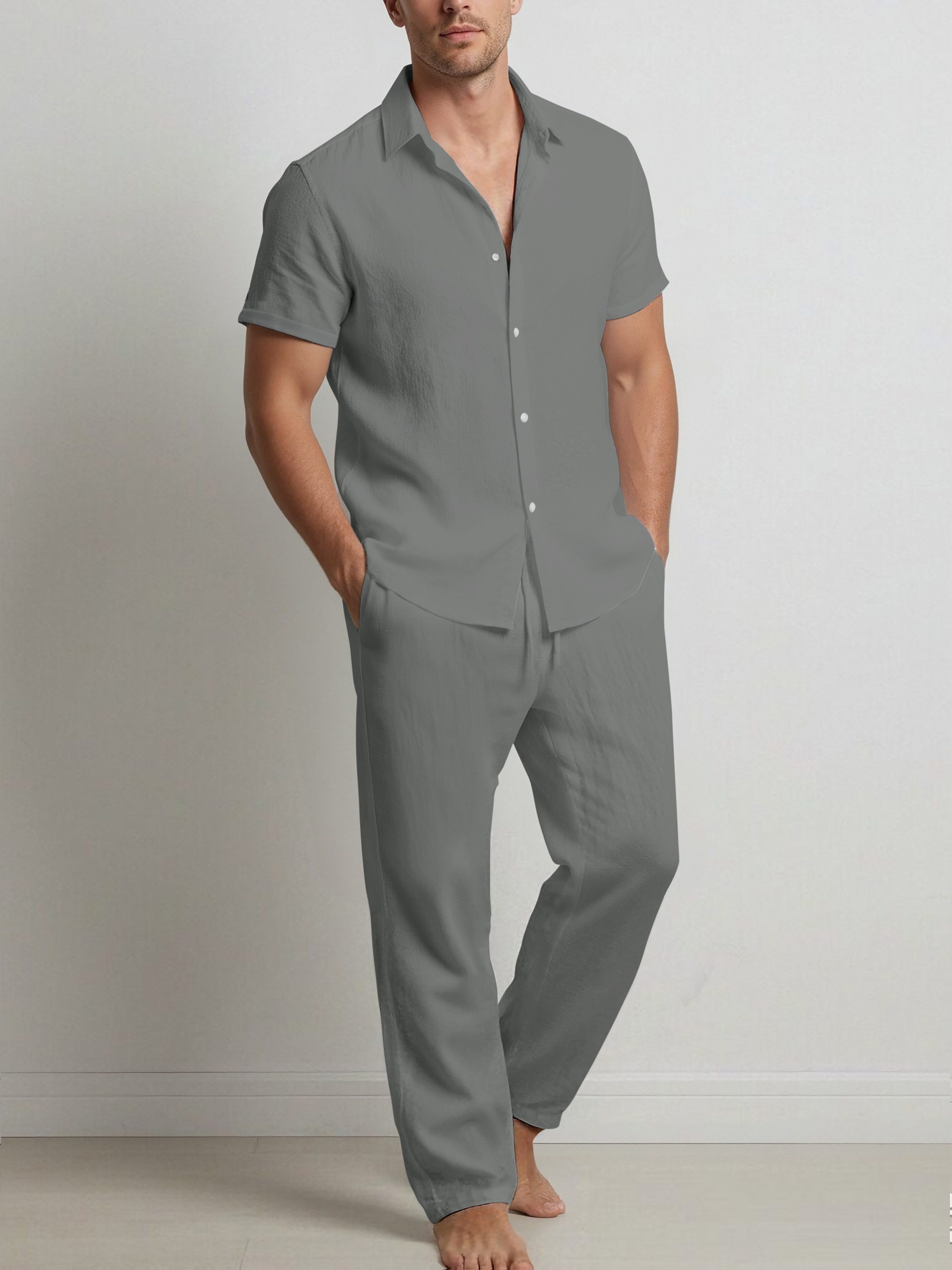 Men's Fashionable Solid Color Cotton- Shirt and Trousers Set, Casual Breathable 2pcs Outfit for Men - Image 2