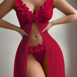 Women's Sexy Wedding Burgundy Lace Trim Mesh Floral Dress Lingerie Nightgown Set