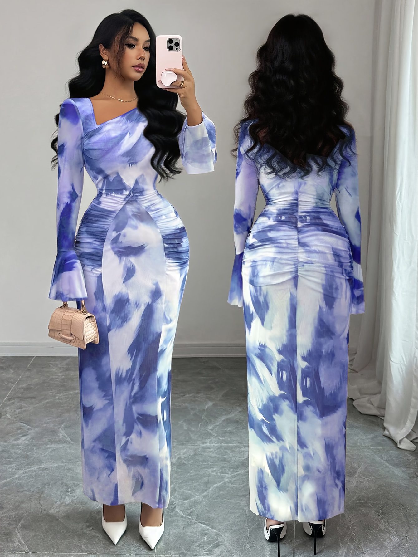 Elegant And Fashionable New Adult Women'S Autumn And Winter Floral Tie-Dye Print Notched Collar Long-Sleeved Flared Sleeve Slim Fit Waist Pleated Hip-Hugging Sexy Dating Commuting Vacation Dating Valentine'S Day Long Dress - Image 6
