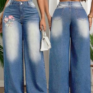 2026 Spring/Summer New Floral Embroidered Stretch Wide-Leg Pants, Loose Fit Wide-Leg Jeans, Embroidered Wide-Leg Women's Washed Denim Pants