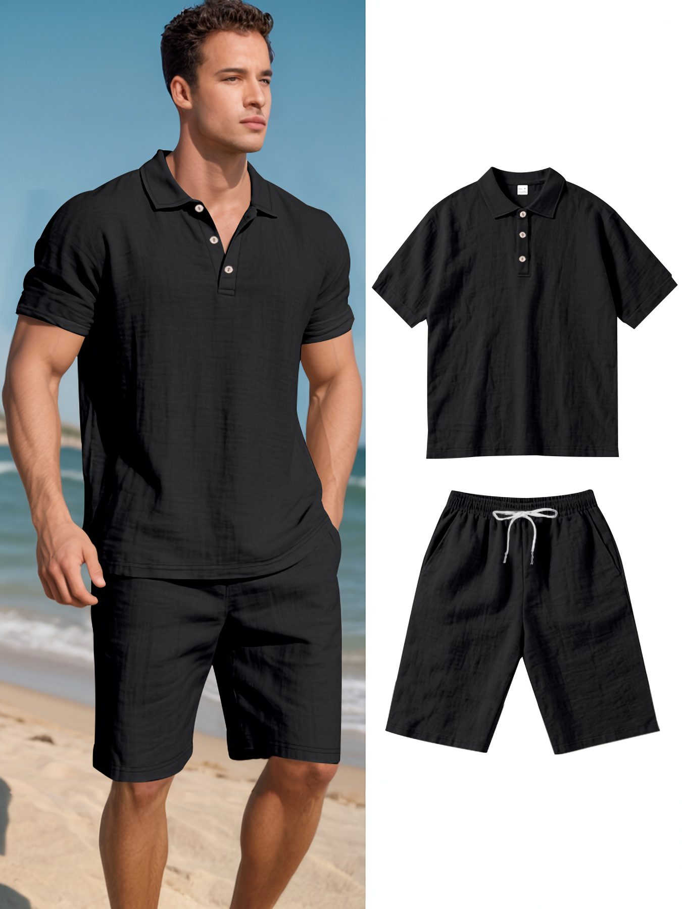 Men's Linen Short Sleeve Shorts Set, Summer Outdoor Sports Casual Breathable Short Sleeve Shirt with Shorts - Image 3