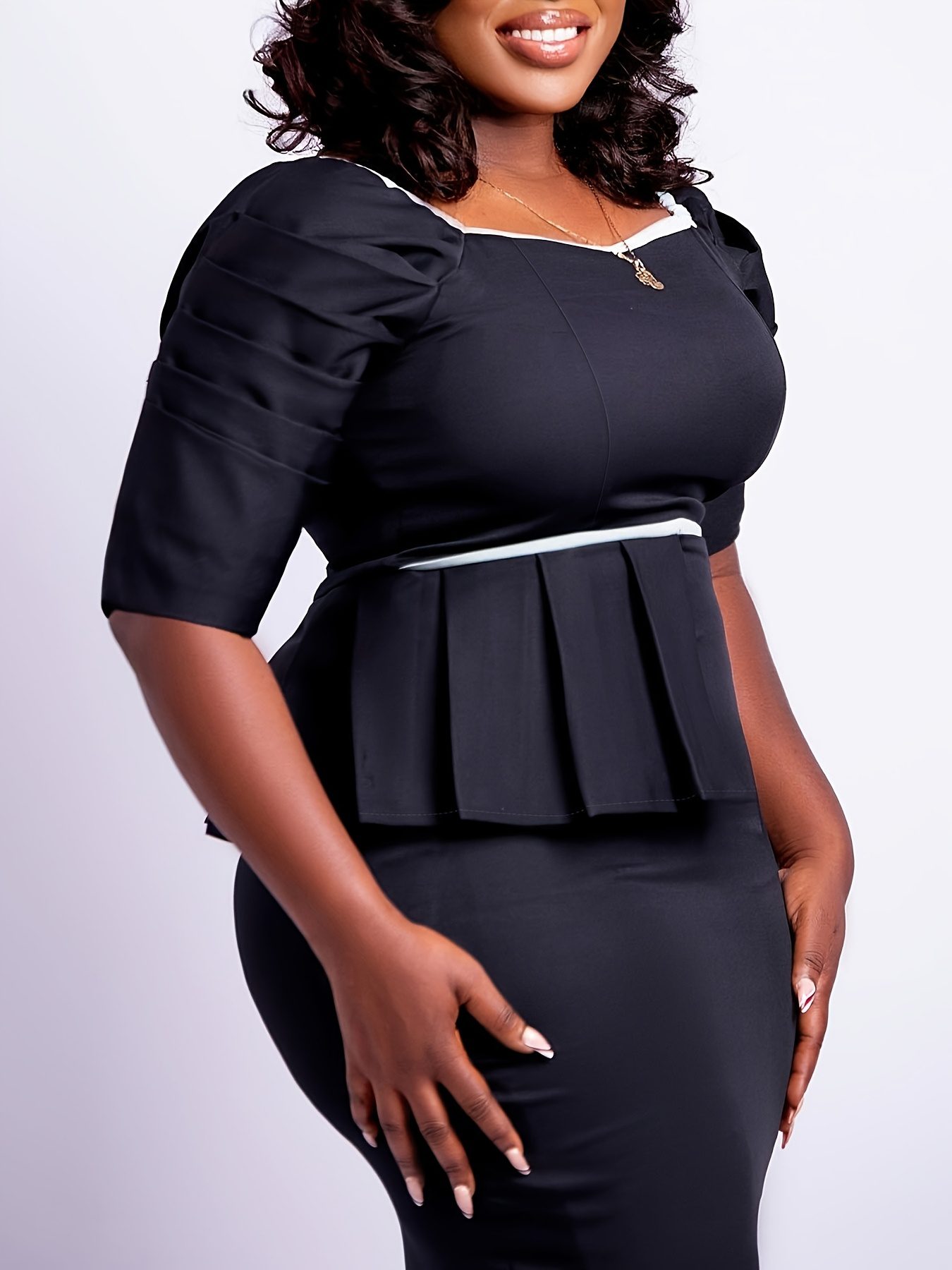 Women's Midi Dress with Cinched Waist & Ruffled Hem - Short Sleeve Square Neck Pencil Suitable for Work, Office, Commuting - Machine Washable Bodycon Dress with Color-Blocked Hemline (No Chest Padding) - Image 7