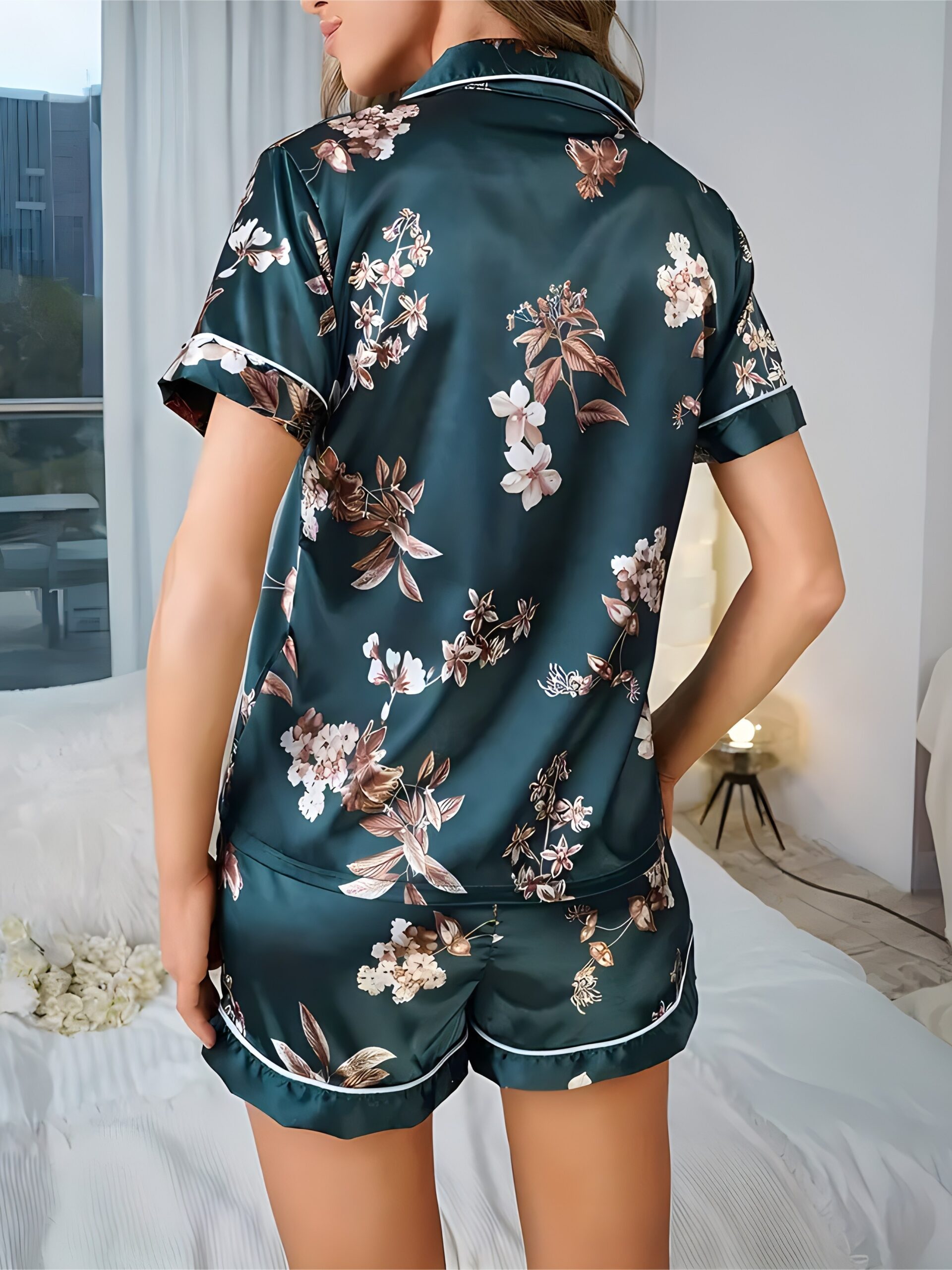 Elegant Floral Printed Loungewear Set, Featuring a Short-Sleeve Button-Up Top And Stretchy Shorts, Designed for Women'S Sleepwear. - Image 2