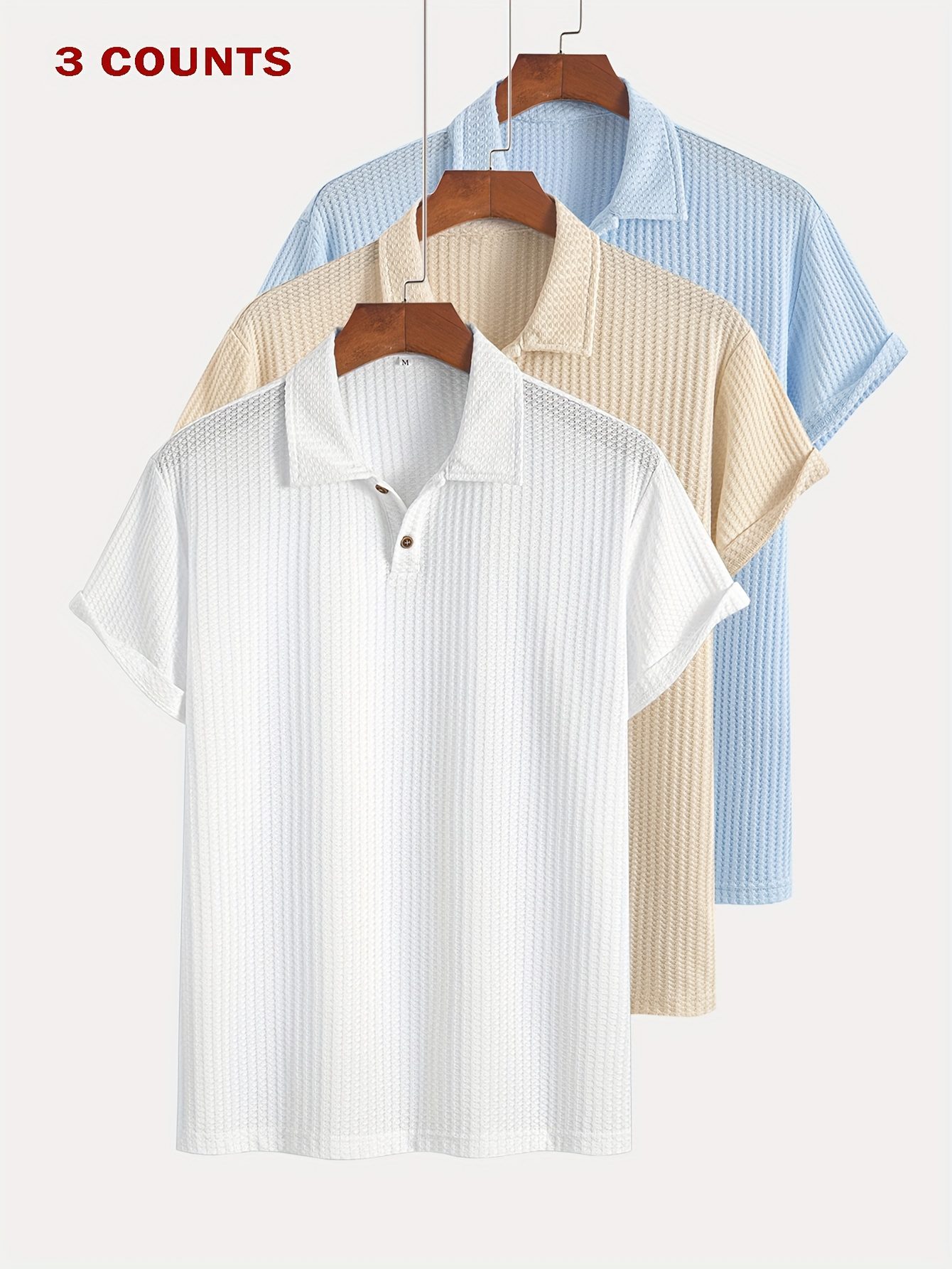 3pcs Set of Summer Casual Sporty Jacquard Knit Short-Sleeve Shirts, 3pcs Jacquard Texture Short-Sleeve Tops