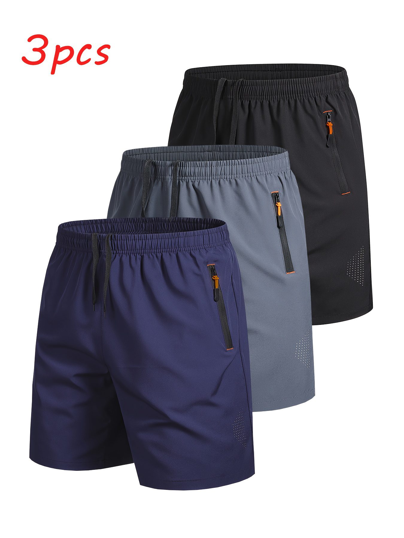 3pcs Men's Outdoor Sports Casual Shorts, Solid Color Zipper Pocket Running Fitness Quick-Dry Breathable Athletic Shorts - Image 3