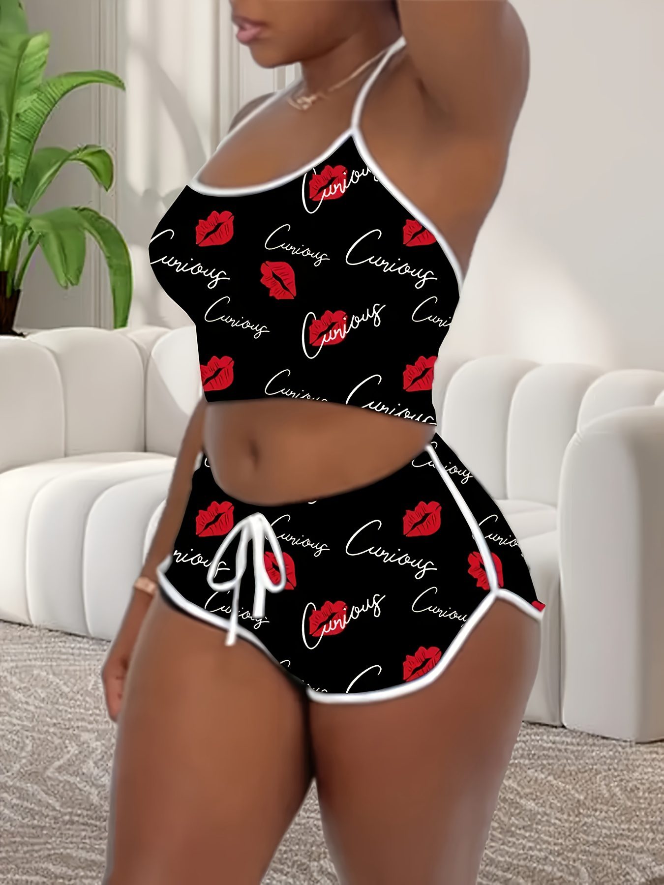 Designer Lip Print Cami Top and Shorts Pajama Set - Image 3