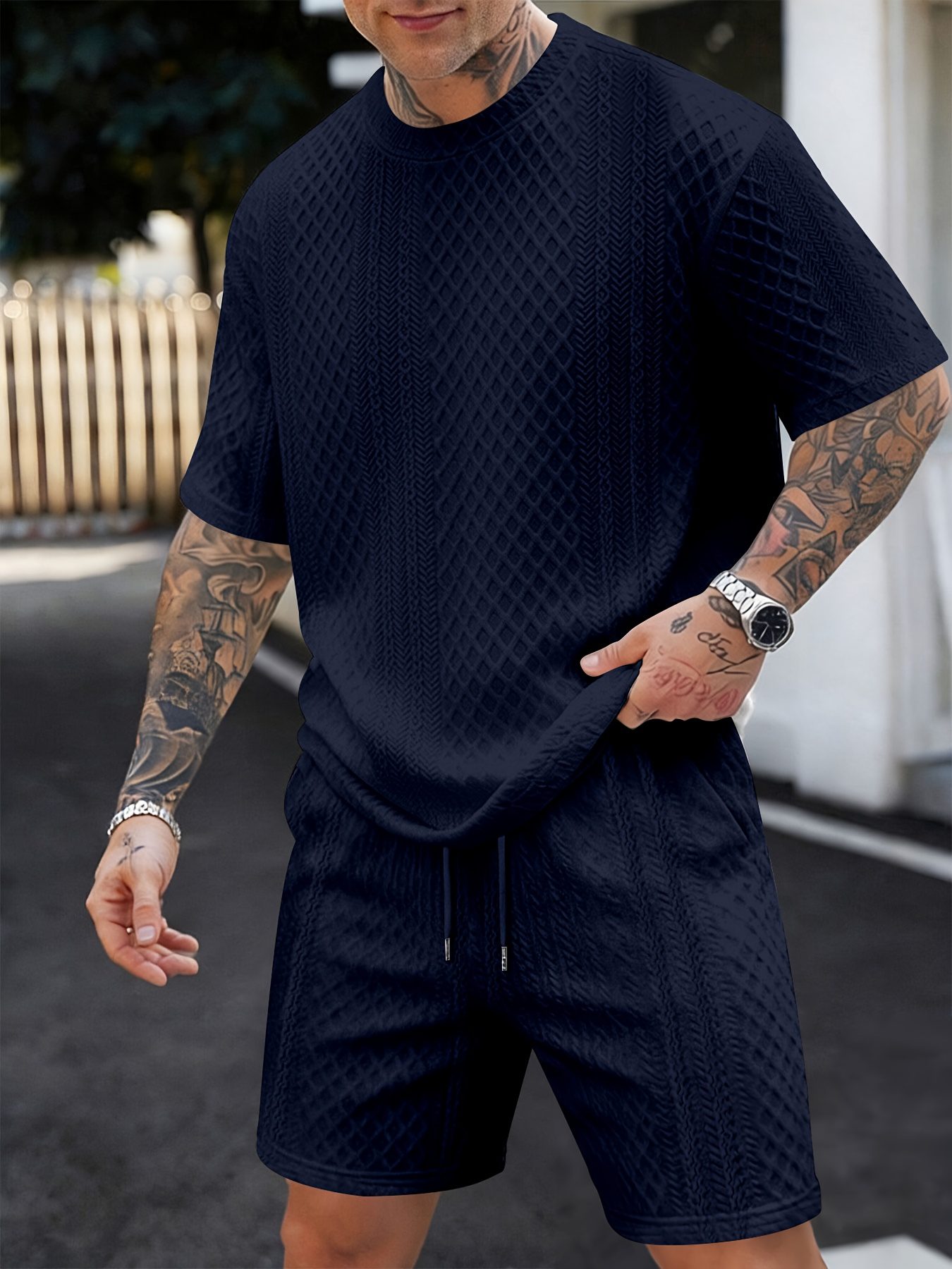 Men's New Textured Fabric Crew Neck T-Shirt + Drawstring Shorts Set - Image 2