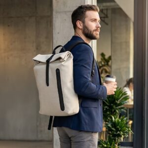 Lightweight PU & Microfiber Roll Top Backpack with Laptop Sleeve & Padded Pocket - Large Capacity School Bookbag Suitable for Commuting, Travel, Work, Adjustable Straps, Front Zipper Pocket, Fits 15-inch Laptop for &