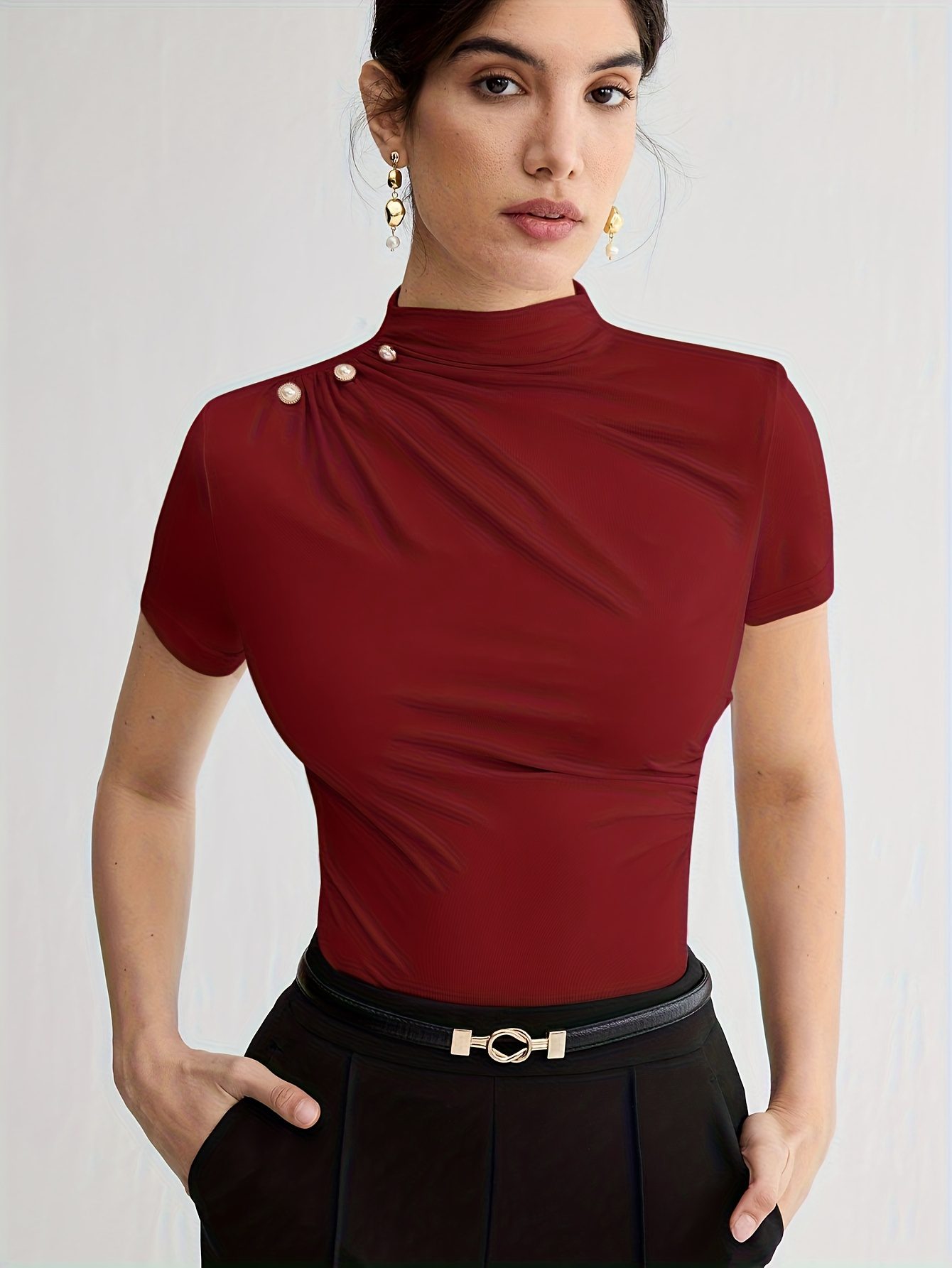 Summer New Arrival Design Sense Versatile Solid Color T-Shirt Short Sleeve Top with Shoulder Button Decor - Image 2