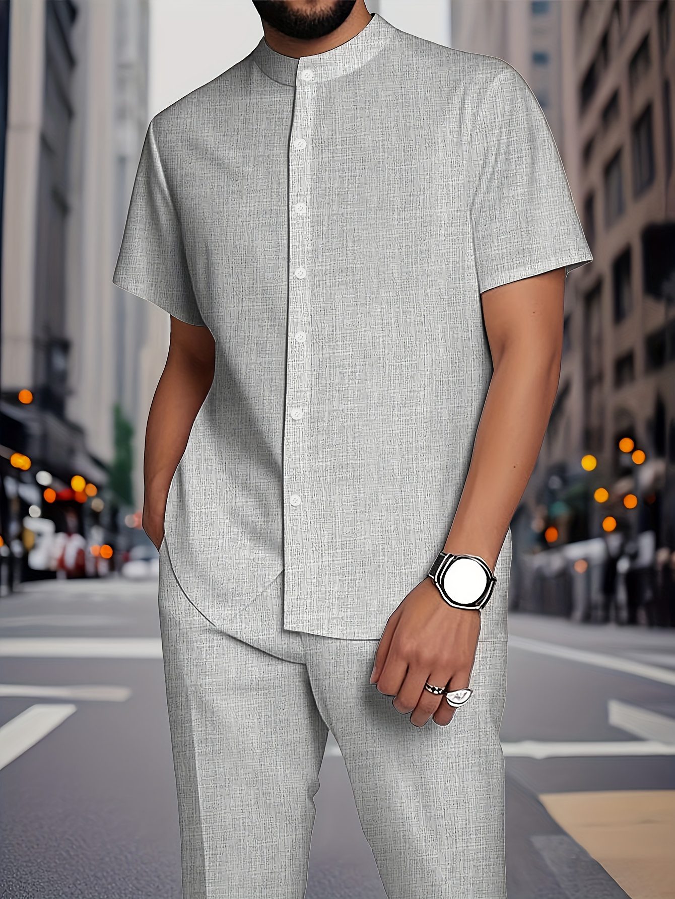 European and American new Men's fashionable and comfortable short-sleeved stand-up collar shirt set striped texture fabric stand-up collar short sleeve shirt and casual trouser set - Image 3