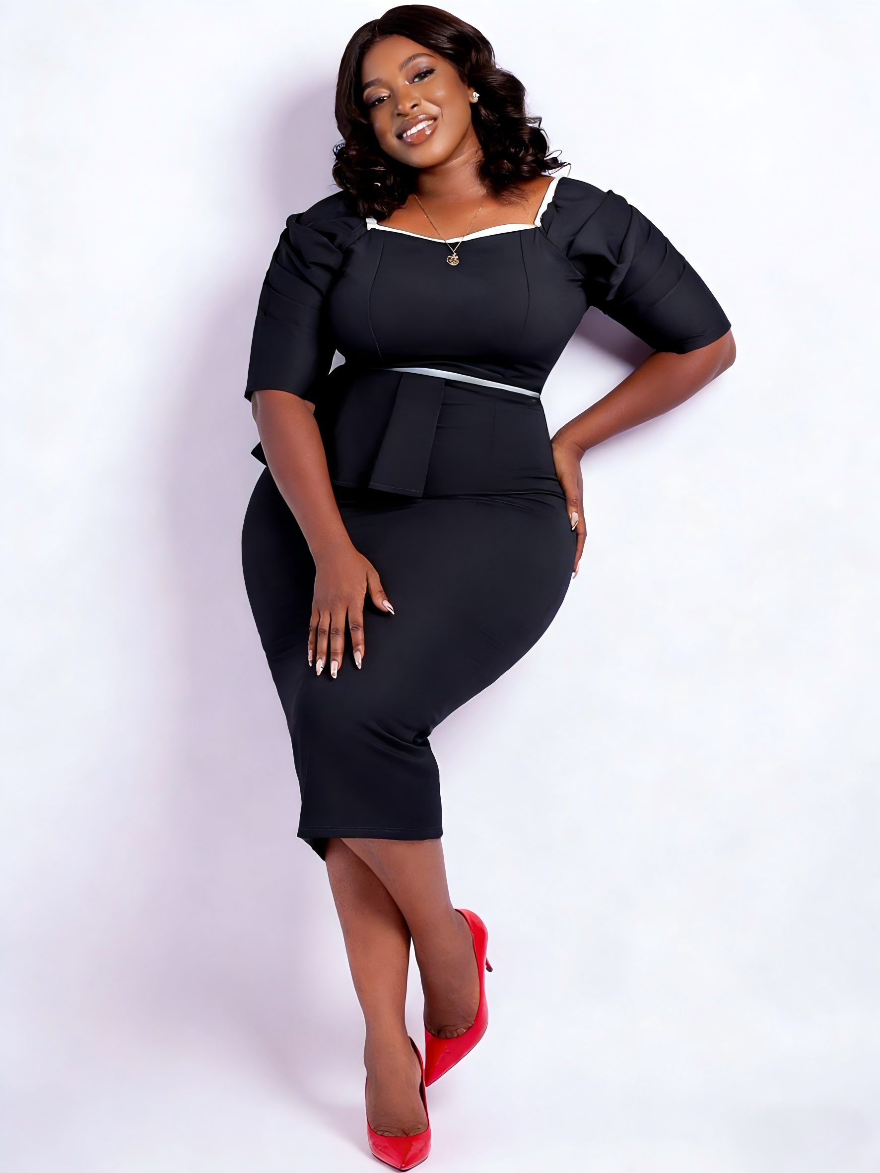 Women's Midi Dress with Cinched Waist & Ruffled Hem - Short Sleeve Square Neck Pencil Suitable for Work, Office, Commuting - Machine Washable Bodycon Dress with Color-Blocked Hemline (No Chest Padding) - Image 4