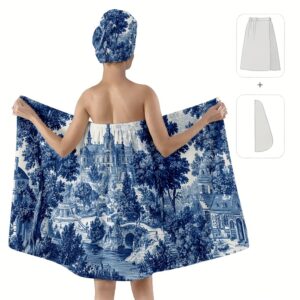 2D Flat, 2pcs Blue and White Classical Garden Scenery Bath Skirt, 2D FLAT Bath Skirt and Hair Drying Cap Set, for Bathroom/Beach/Gym/Sauna/Beauty Salon/SPA/Spa/Washroom, Soft/Quick-Drying/Absorbent/Stylish, Valentine's Day, 2D Flat