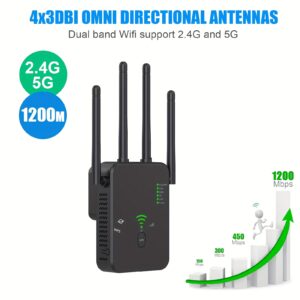 WiFi Signal Amplifier, Wireless Repeater, Wireless Access Point, Wireless Router, 2.4GHz and 5GHz Dual Band Extender, 1200Mbps, Easy to Expand Wireless Coverage Range, Widely Compatible with Multiple Devices, Reduces WiFi Interference, Strong Signal