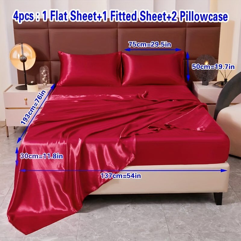 4pcs Comfort Satin Sheet Set - All-Season Versatile Non-Shrink, Ball-Free Machine Washable Luxury Fitted Sheets Soft and Smooth Bedding for Bedroom and Guest Room 1 * Flat Sheet + 1 * Fitted Sheet + 2 * Pillowcases - Image 25