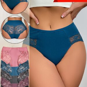 5pcs Women'S Elegant Lace Underwear - Semi-Sheer Breathable Mid-Rise Briefs with Contrast Lace Trim, High Elasticity Light Beige-Friendly Comfort, Assorted Colors (Navy, Pink, Black, Purple, White) for Casual Attire, Lace Panties, Comfortable Underwear, Semitransparent Design, Highelasticity Fabric, Daily Essentials, Stylish Panties, Soft Material, Seamless Panties, Stylish Women