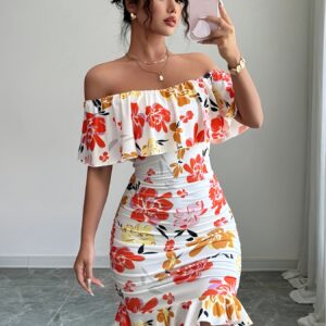 Breezaya Tropical Print Off Shoulder Ruffle Trim Ruched Bodycon Dress Vacation Beach Outfits Women