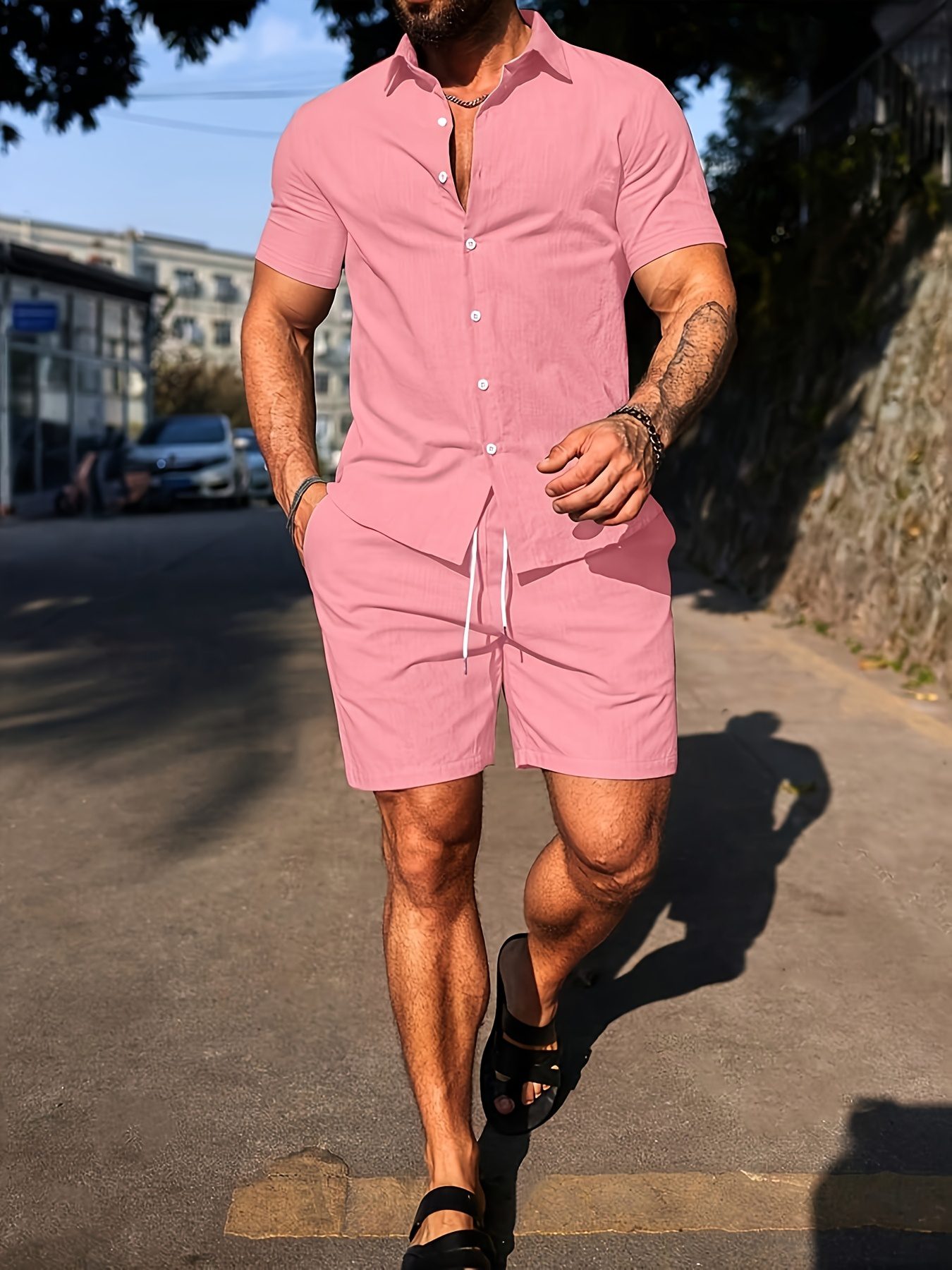 Men's Solid Color Short Sleeve Shirt And Plain Shorts Going Out Set - Image 4