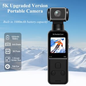 Manual Rotating 5K Fish Eye Camera with 270° Lens, Anti-Shake System, 1.33” Screen & 1000mAh Battery- Portable Vlogging Lens for Smartphones/Tablets, for travel, YouTube, Recording (MP4, TF Card)
