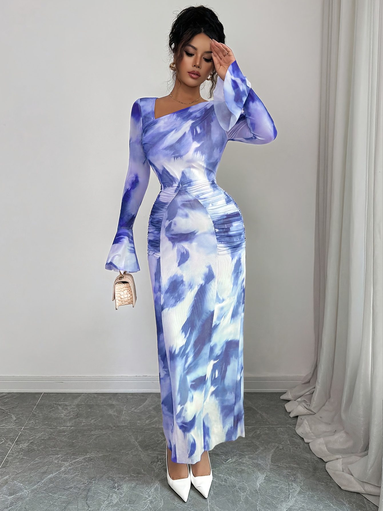 Elegant And Fashionable New Adult Women'S Autumn And Winter Floral Tie-Dye Print Notched Collar Long-Sleeved Flared Sleeve Slim Fit Waist Pleated Hip-Hugging Sexy Dating Commuting Vacation Dating Valentine'S Day Long Dress - Image 9