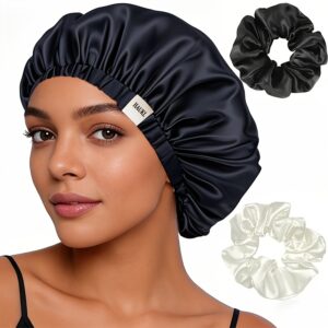 1 Satin Bandana Sleeping Hood Large Double Layer Reversible Adjustable Night Sleeping Bandana Hat Hair Wrap Hood Reusable Women's Sleeping Hood - with Two Hairbands - Bathroom Accessories