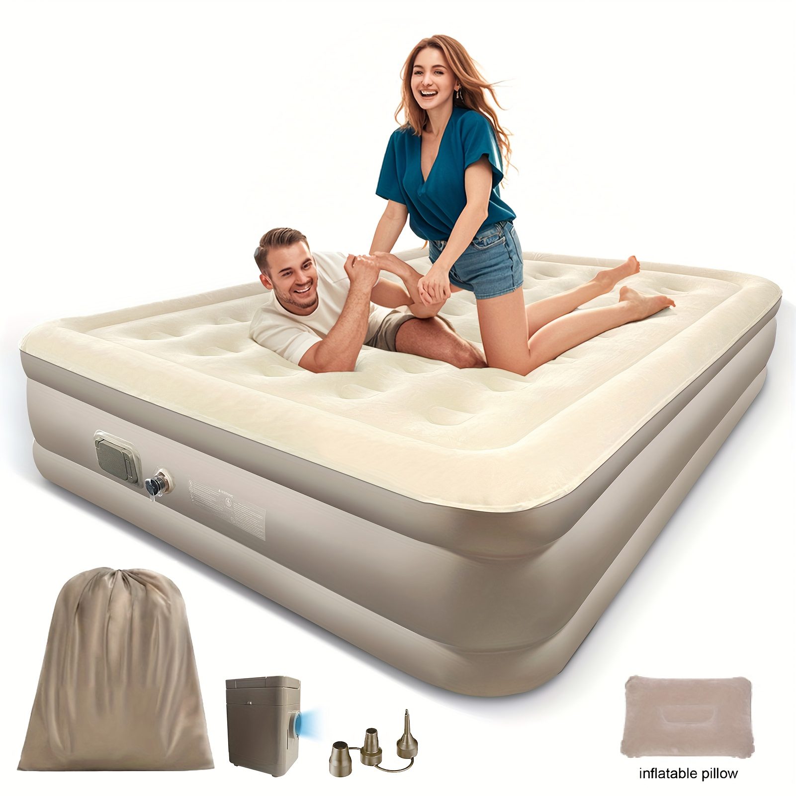 Double Outdoor Self-Inflating Air Mattress with Built-in Automatic Pump, 17-Inch Thickened, Comfortable Flannel Surface, Multi-Functional Inflation Valve, Suitable for RV, Camping, Beach, Indoor Bedroom Use, Includes Repair Kit and Storage Bag