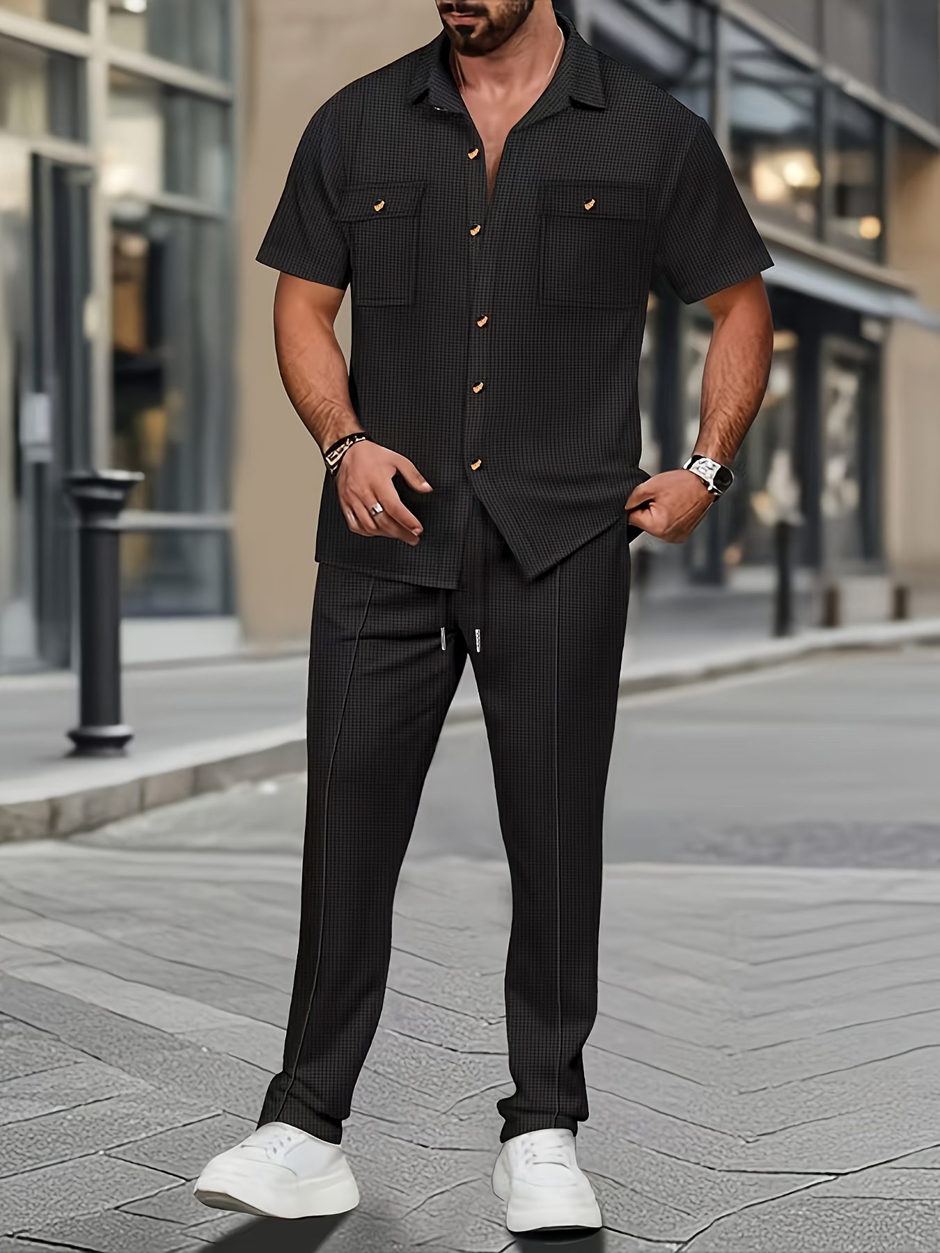 Men'S Casual Short Sleeve Shirt And Long Pants 2pcs Set Commuter Outfit, Textured Buttons And Pockets, Versatile Style - Image 6