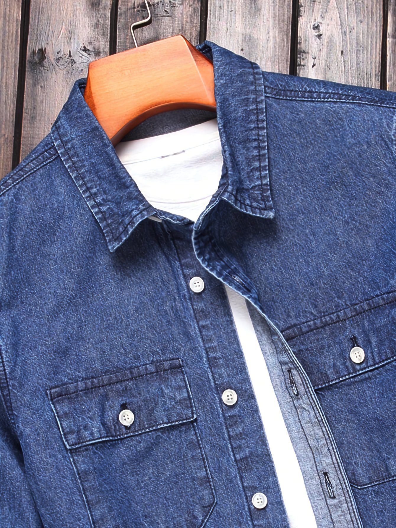 Men's Fashion Spring/Autumn Denim Shirt Jacket, Washed Denim Medium + Enzyme Softening Process - Image 6