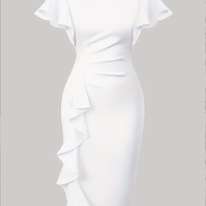 Women's Solid Color Pleated Sleeve Ruffle Fitted Vintage Midi Pencil Skirt